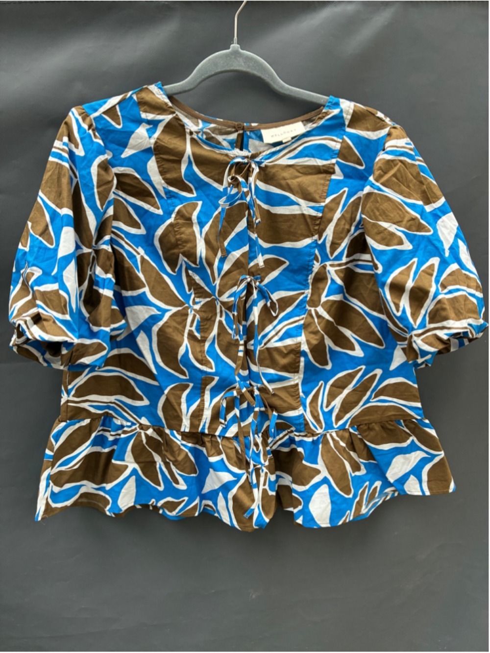 Melloday Blouse XL Blue Brown Floral Print Peplum Top